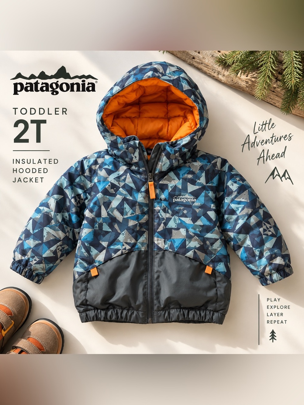 Patagonia Toddler 2T Insulated Hooded Jacket Blue Geometric Orange Lined Kids